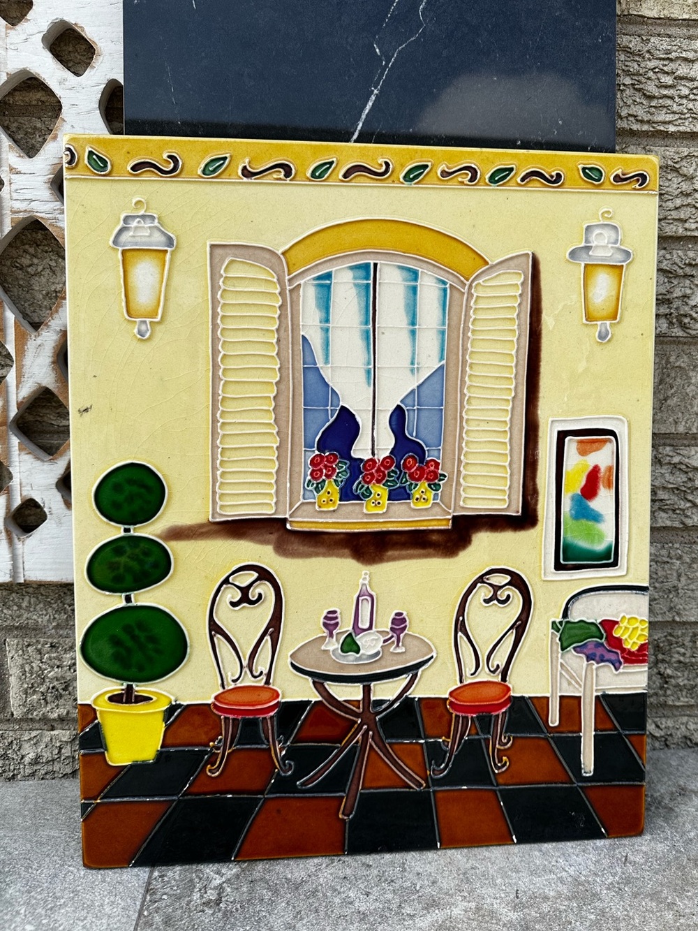 Ceramic Tile Panel Mediterranean bistro scene, Window Cafe Scene 16x13”
